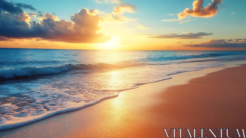 Dramatic sunset over tranquil surf with high dynamic range light