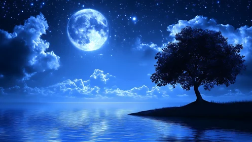 Luminous full moon illuminates solitary tree over calm water
