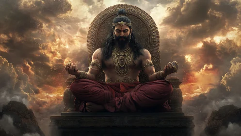 Stormlit sage thrones serenity above a smouldering sky