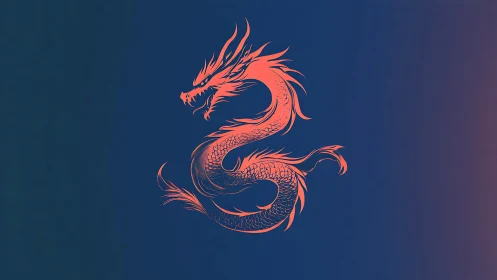Crimson oriental dragon silhouette on deep indigo gradient background.