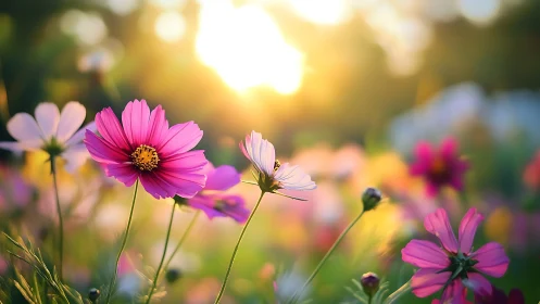 Cosmos Ballet at Golden Hour: Pink Petals Dancing Light.