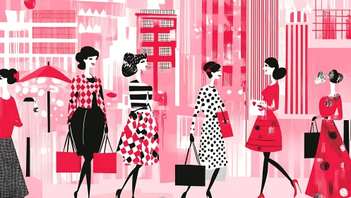 Elegant women stroll through a vibrant pink cityscape shopping