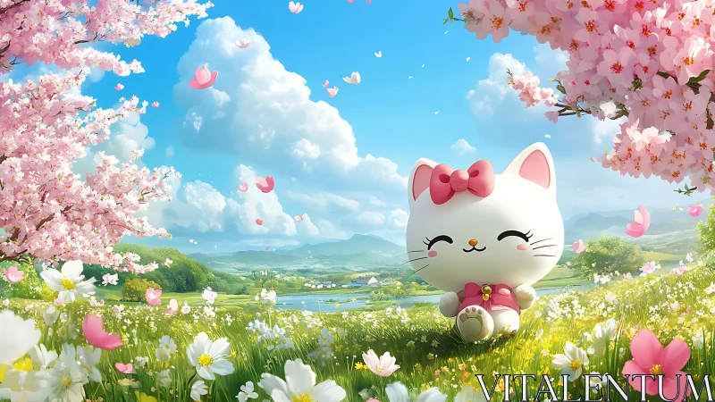 Springtime kitty daydreams beneath clouds of drifting blossom