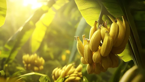 Sunlit banana clusters glow softly in a lush green grove