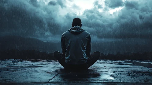 Solitary man in hoodie sitting in rain under dark sky.