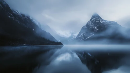 Glacial mountain ridge reflected in low-contrast foggy alpine lake
