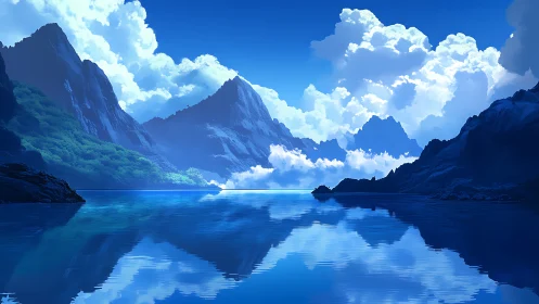 Blue mountain lake with calm reflections and dense clouds.