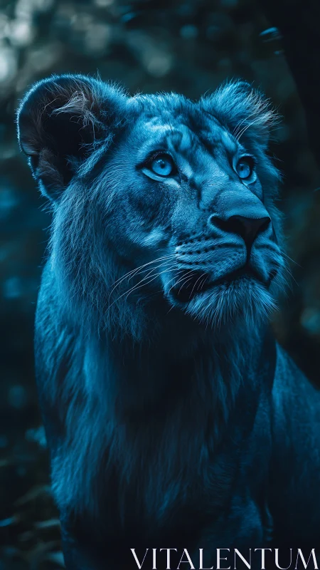 Moonlit lioness with glacier eyes in a twilight hush.