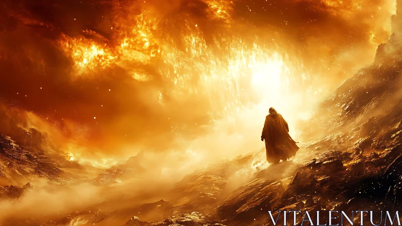 Lone robed figure walks across fiery, misty volcanic slope