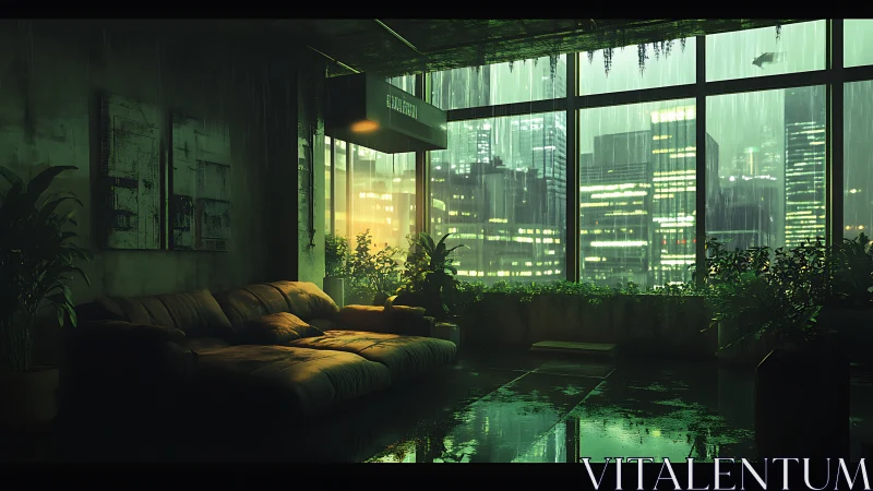 Cozy loft sanctuary glows softly against a rainy neon city