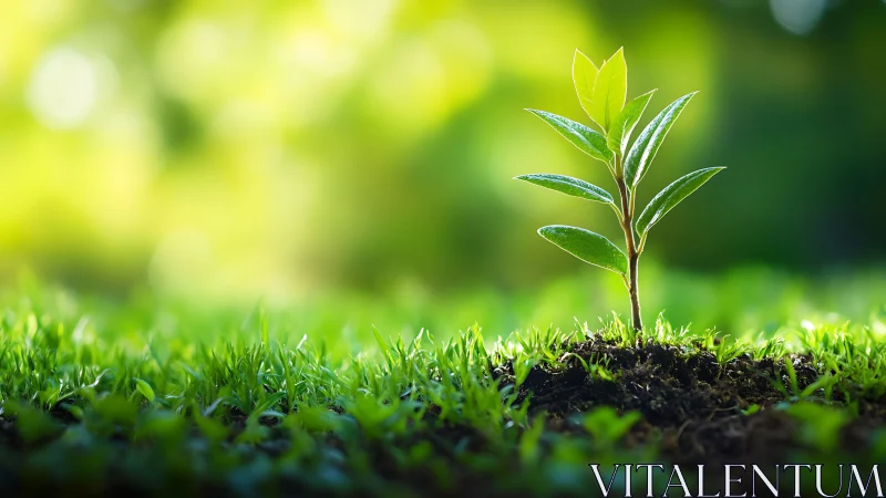 Young green seedling sprouting in sunlight, nature macro scene.