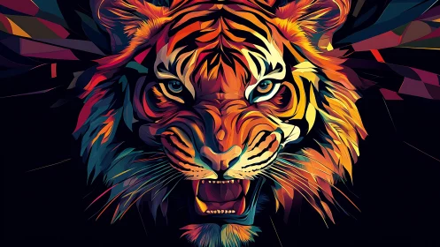 Vibrant geometric tiger head with intense forward stare.