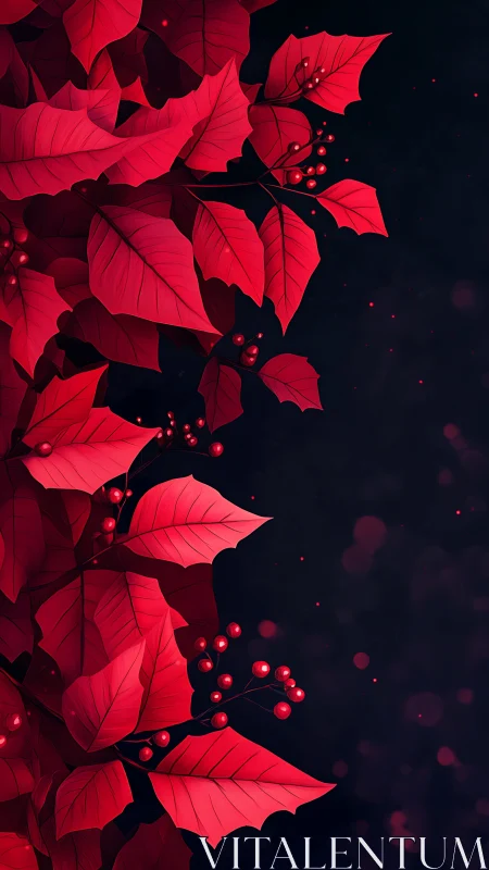 Red foliage and berries against deep dark background.