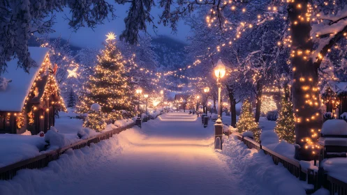 Snowy village promenade glows with storybook holiday lights.