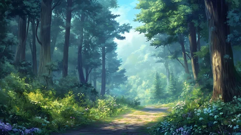 Luminous Woodland Corridor: Atmospheric Perspective in Temperate Forest Landscape.