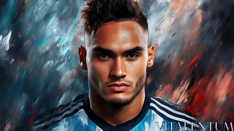 Focused footballer portrait against dynamic abstract backdrop