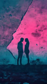 Two Silhouettes Meet Where Neon Dreams Collide With Fractured Reality.