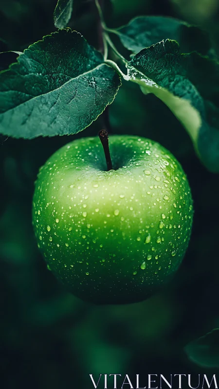 Rain-kissed green apple hovers like a lantern in leaves