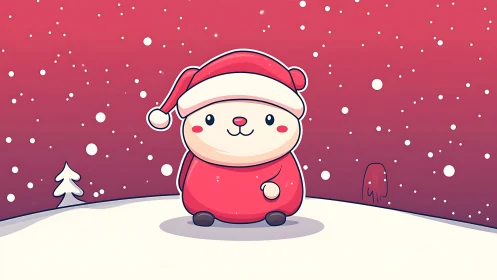 Cute cartoon hamster in Santa suit stands in snowy landscape