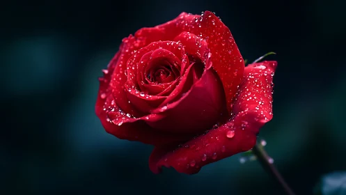 Deep Red Rose Glistening with Morning Dew Drops.