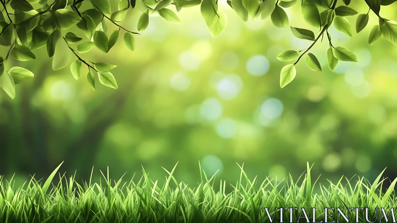 Lush green grass with leafy tree branches, nature-inspired illustration.
