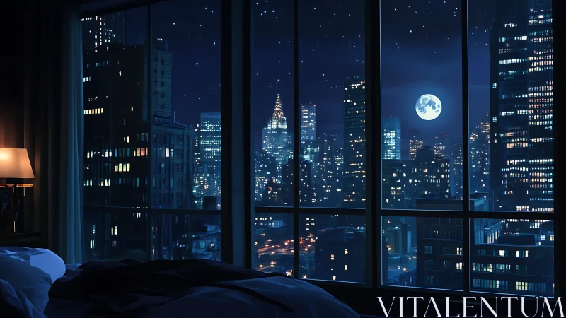 Nocturnal metropolis from interior vantage with lunar backlight.