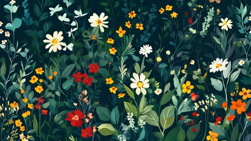 Vibrant Wildflower Garden Against Deep Teal Background.