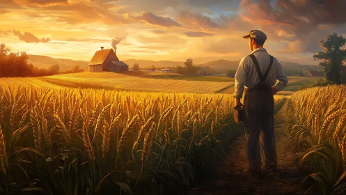 Golden-hour wheat field study with solitary farmer figure