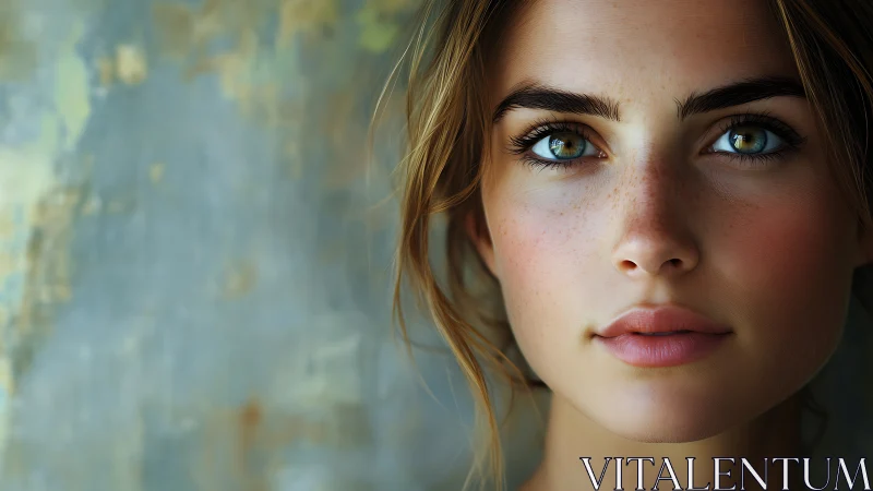 Gentle portrait of a freckled woman with luminous green eyes.