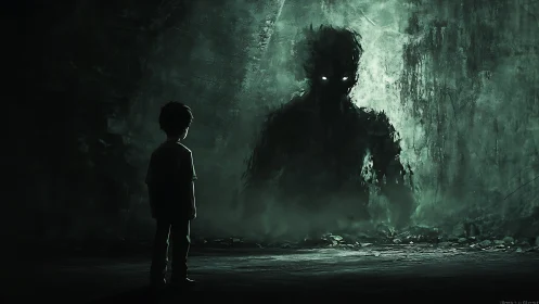 Digital painting of child confronting glowing-eyed shadow figure.