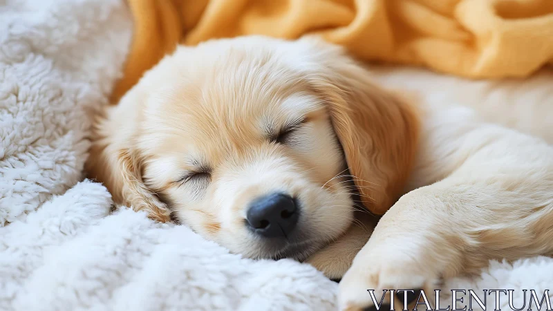 Sleeping golden retriever puppy rests on soft white blanket