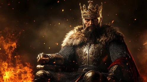 Imperious medieval king on a throne amid roaring flames.