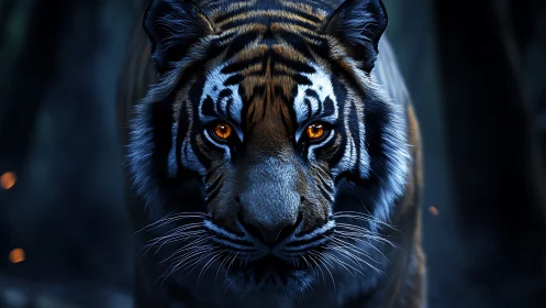 Bioluminescent-eyed tiger advances through a low-key forest