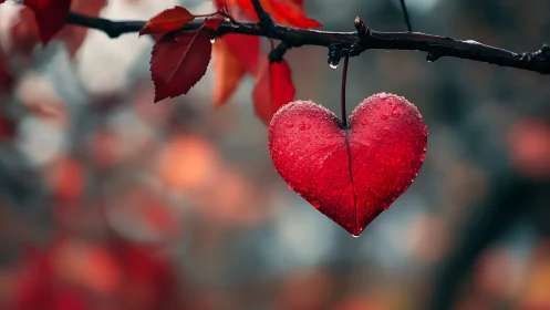 Frost-covered heart-shaped ornament on dark branch with red foliage