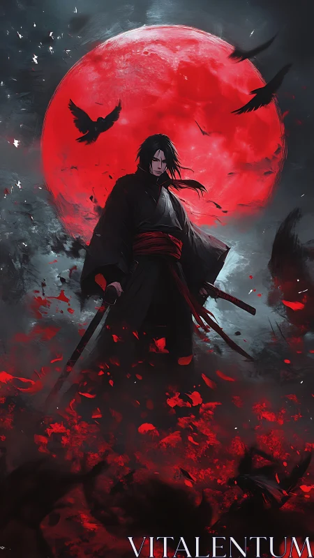 Scarlet moonlit swordsman in dynamic anime composition.