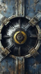 Rusted steel vault door with industrial circular locking hub.