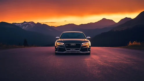 Sporty black car silhouettes against blazing mountain sunset.