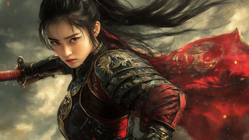 Digital painting of armored warrior woman with dynamic red cloak.