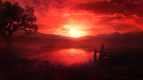 Crimson lake sunset ignites misty mountains and reeds.