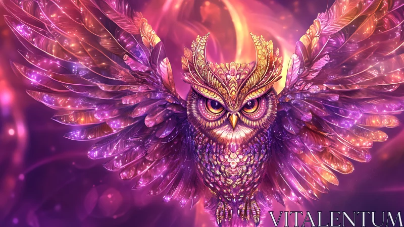 Radiant jeweled owl ascending through luminous nebulae.
