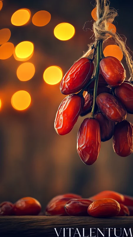 Ripe dates hang over rustic board against warm bokeh lights