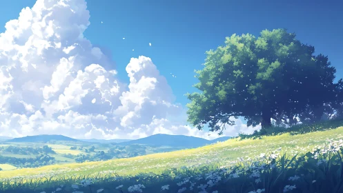 Sunlit hillside tree under towering cumulus cloudscape.