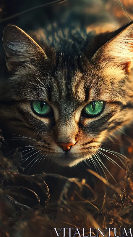 Emerald eyed tabby cat resting softly in golden evening light.