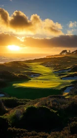 Golden sunset pours soft light over a peaceful coastal golf course