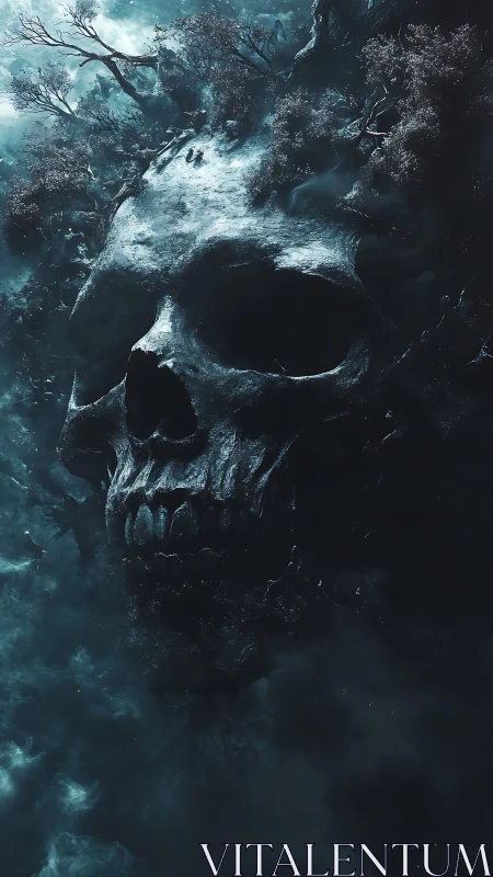 Colossal skull-shaped cliff rises through eerie storm clouds.