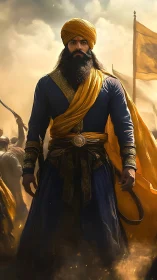 Regal warrior in golden turban standing amid rising dust.