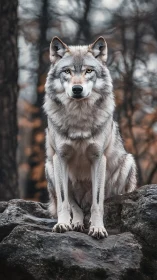 Front-facing gray wolf on rocky outcrop in diffuse forest light.