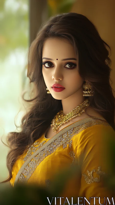 Portrait with yellow saree, gold jewelry, soft bokeh light.