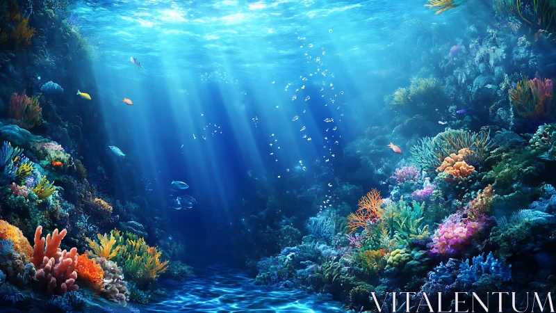 Sunlit digital seascape of colorful coral reef environment.