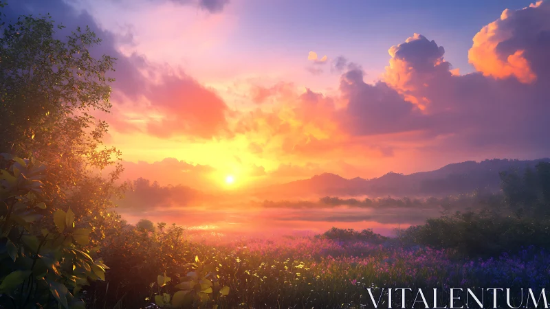 Radiant sunrise ignites misty wildflower valley in bloom.